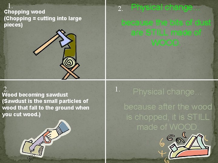 1. Chopping wood (Chopping = cutting into large pieces) 2. Wood becoming sawdust (Sawdust