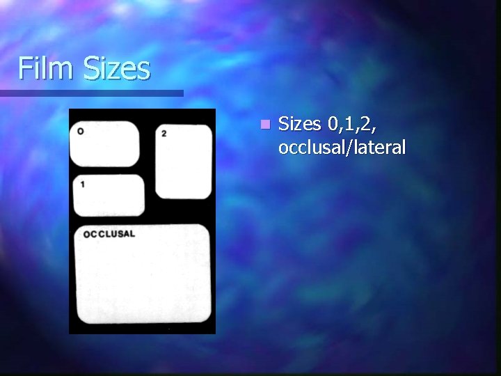 Film Sizes n Sizes 0, 1, 2, occlusal/lateral 