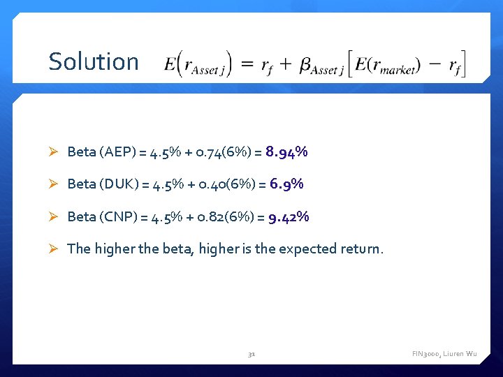 Solution Ø Beta (AEP) = 4. 5% + 0. 74(6%) = 8. 94% Ø