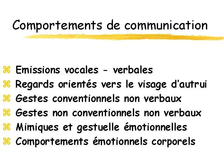 Comportements de communication z z z Emissions vocales - verbales Regards orientés vers le Comportements de communication z z z Emissions vocales - verbales Regards orientés vers le