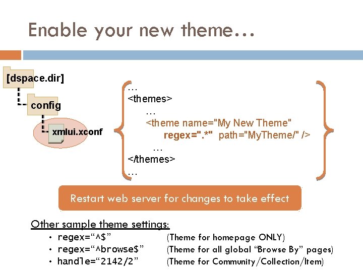 Enable your new theme… [dspace. dir] config xmlui. xconf … <themes> … <theme name="My