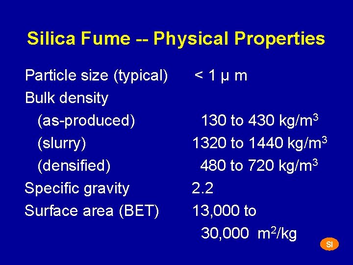 Silica Fume -- Physical Properties Particle size (typical) Bulk density (as-produced) (slurry) (densified) Specific