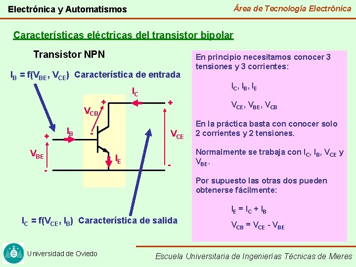 Área de Tecnología Electrónica y Automatismos Características eléctricas del transistor bipolar Transistor NPN IB