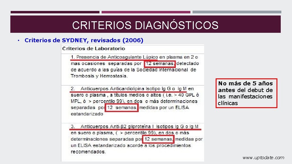 CRITERIOS DIAGNÓSTICOS • Criterios de SYDNEY, revisados (2006) No más de 5 años antes