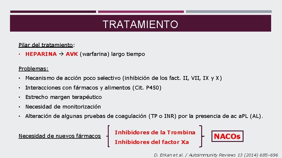 TRATAMIENTO Pilar del tratamiento: • HEPARINA AVK (warfarina) largo tiempo Problemas: • Mecanismo de