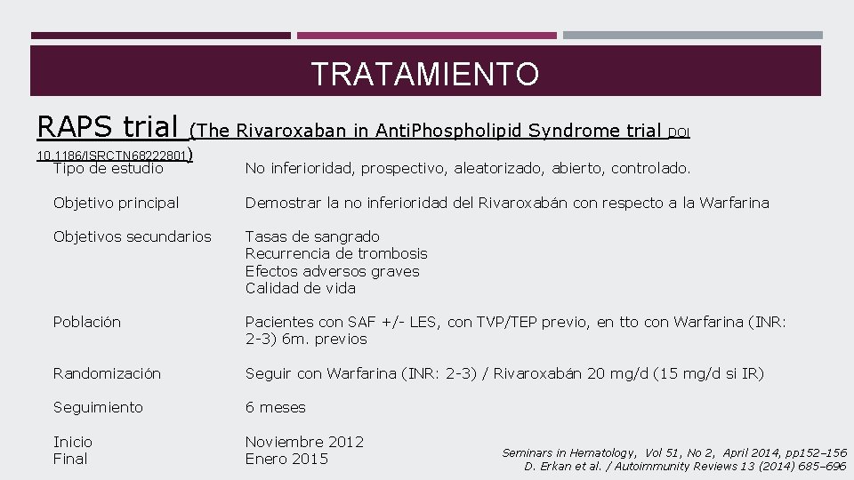 TRATAMIENTO RAPS trial (The Rivaroxaban in Anti. Phospholipid Syndrome trial 10. 1186/ISRCTN 68222801) DOI