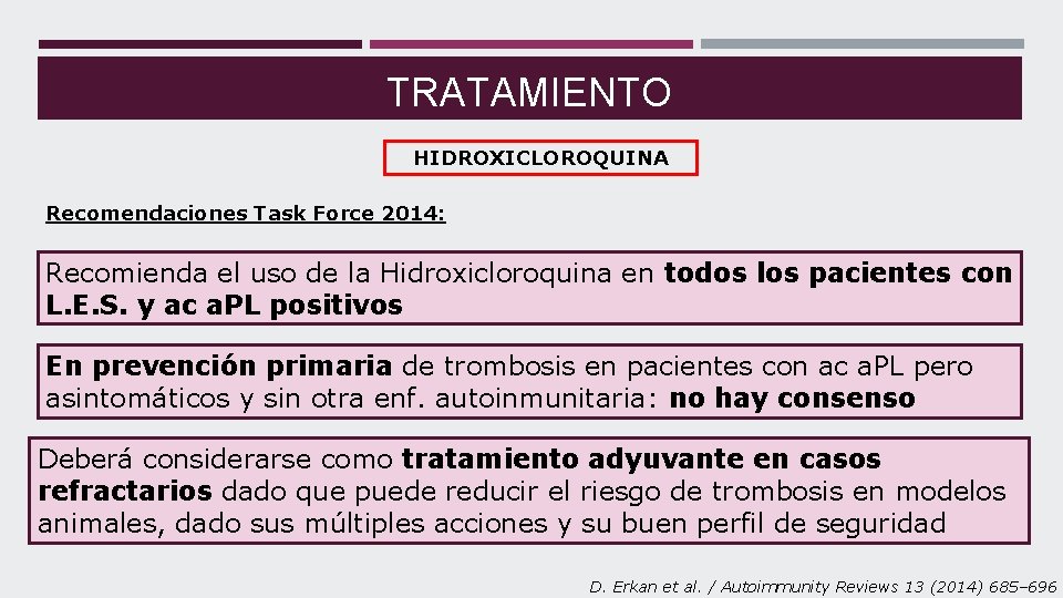 TRATAMIENTO HIDROXICLOROQUINA Recomendaciones Task Force 2014: Recomienda el uso de la Hidroxicloroquina en todos