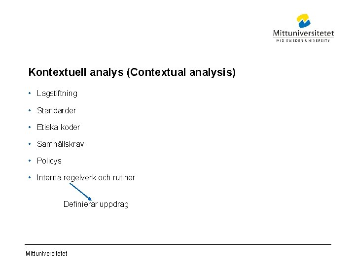Kontextuell analys (Contextual analysis) • Lagstiftning • Standarder • Etiska koder • Samhällskrav •