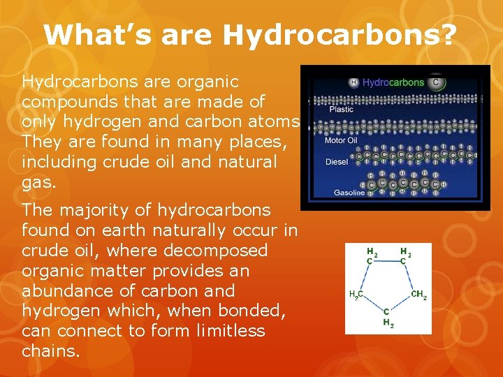 What’s are Hydrocarbons? Hydrocarbons are organic compounds that are made of only hydrogen and