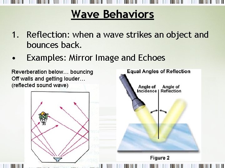 Wave Behaviors 1. Reflection: when a wave strikes an object and bounces back. •