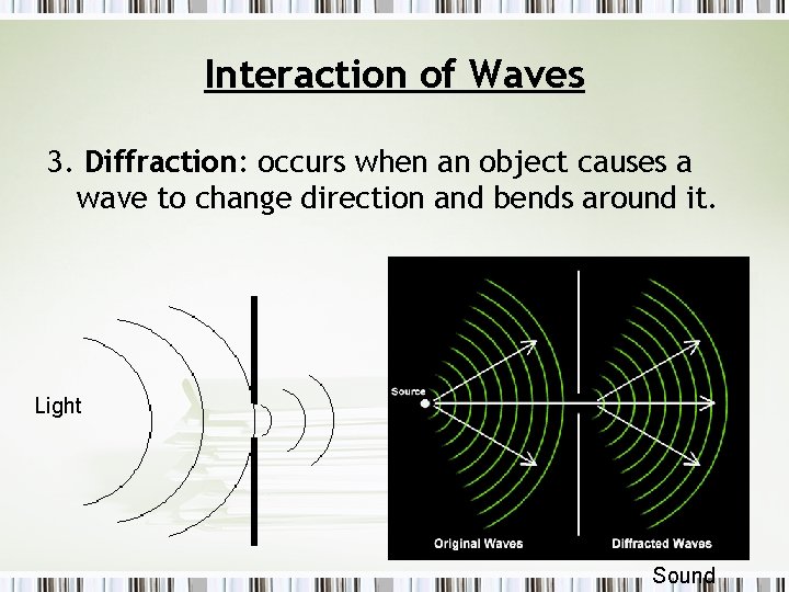 Interaction of Waves 3. Diffraction: occurs when an object causes a wave to change