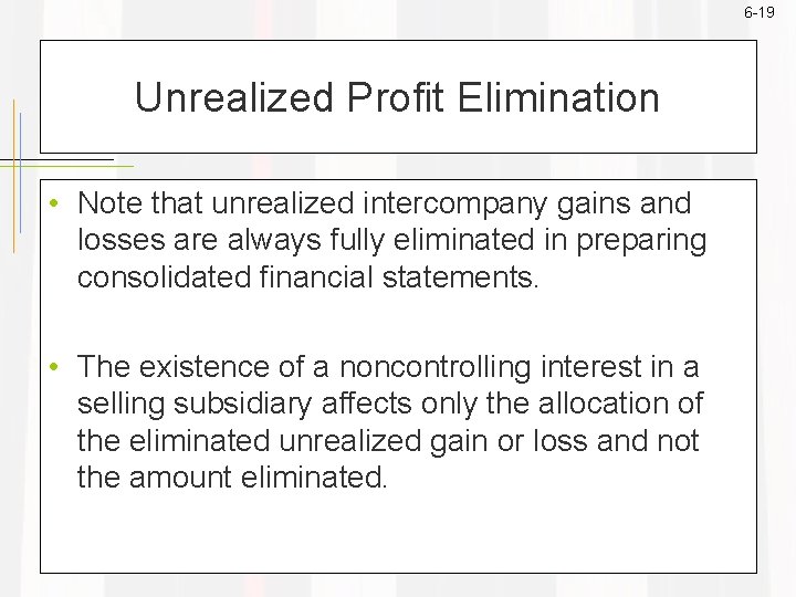 6 -19 Unrealized Profit Elimination • Note that unrealized intercompany gains and losses are 6 -19 Unrealized Profit Elimination • Note that unrealized intercompany gains and losses are