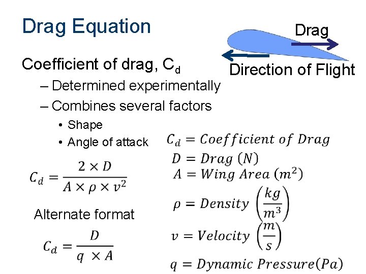 Drag Equation Drag Coefficient of drag, Cd – Determined experimentally – Combines several factors