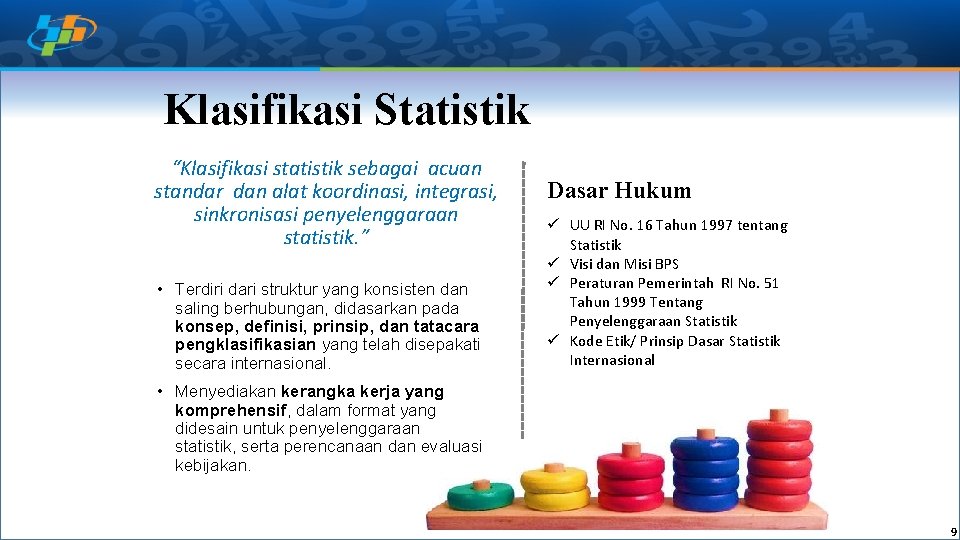 Klasifikasi Statistik “Klasifikasi statistik sebagai acuan standar dan alat koordinasi, integrasi, sinkronisasi penyelenggaraan statistik.