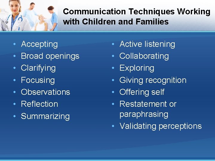 Communication Techniques Working with Children and Families • • Accepting Broad openings Clarifying Focusing Communication Techniques Working with Children and Families • • Accepting Broad openings Clarifying Focusing