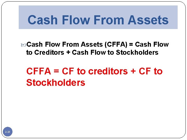 Cash Flow From Assets (CFFA) = Cash Flow to Creditors + Cash Flow to