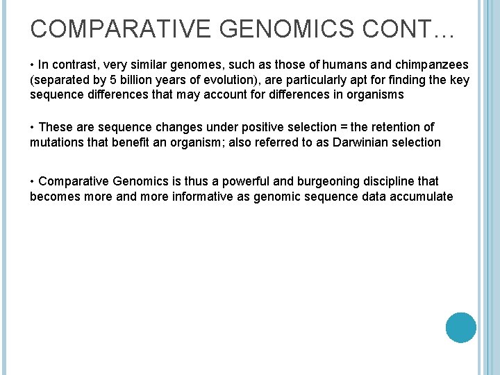 COMPARATIVE GENOMICS CONT… • In contrast, very similar genomes, such as those of humans