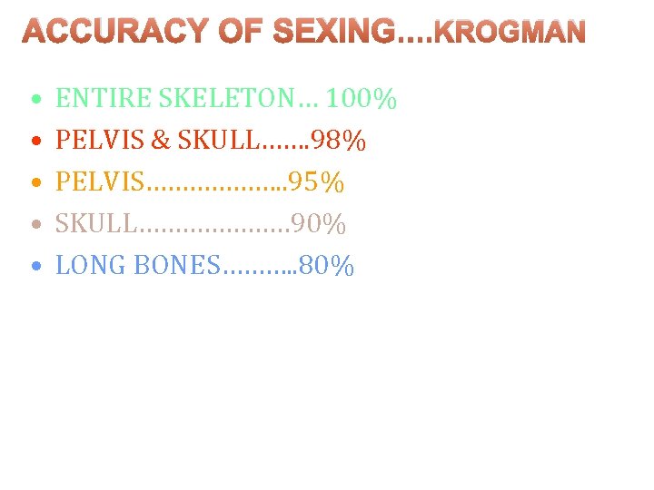 ACCURACY OF SEXING…. KROGMAN • • • ENTIRE SKELETON… 100% PELVIS & SKULL……. 98%