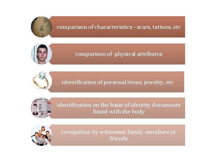 comparison of characteristics - scars, tattoos, etc comparison of physical attributes identification of personal