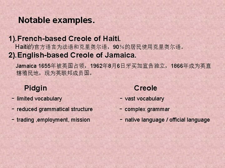 Notable examples. 1). French-based Creole of Haiti的官方语言为法语和克里奥尔语，90％的居民使用克里奥尔语。 2). English-based Creole of Jamaica 1655年被英国占领，1962年 8月6日牙买加宣告独立，1866年成为英直