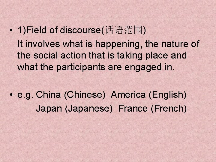  • 1)Field of discourse(话语范围) It involves what is happening, the nature of the