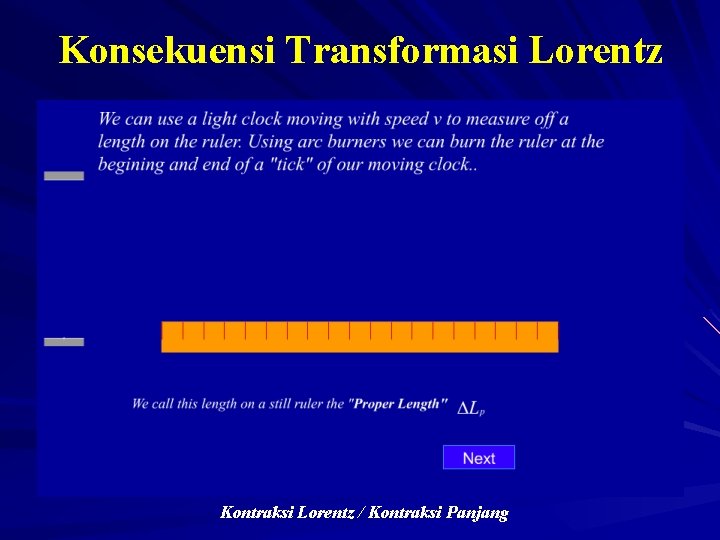 Konsekuensi Transformasi Lorentz Kontraksi Lorentz / Kontraksi Panjang 