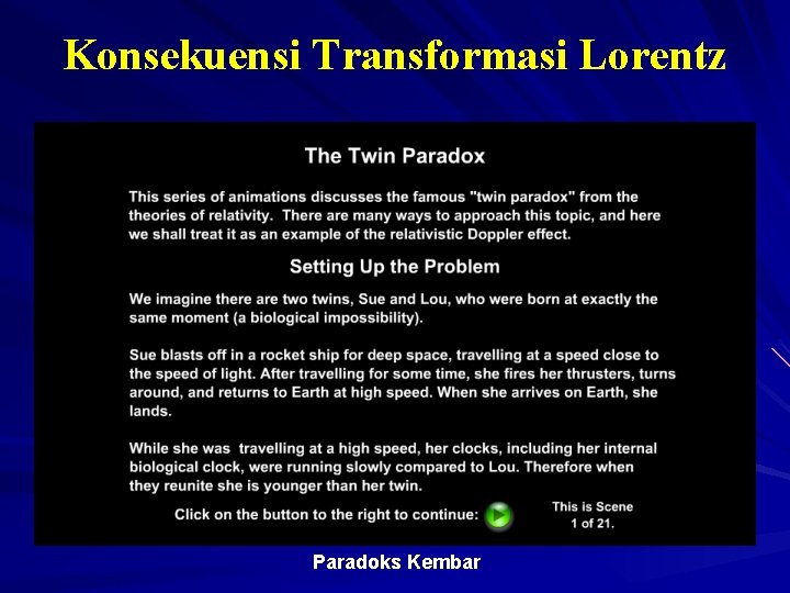 Konsekuensi Transformasi Lorentz Paradoks Kembar 