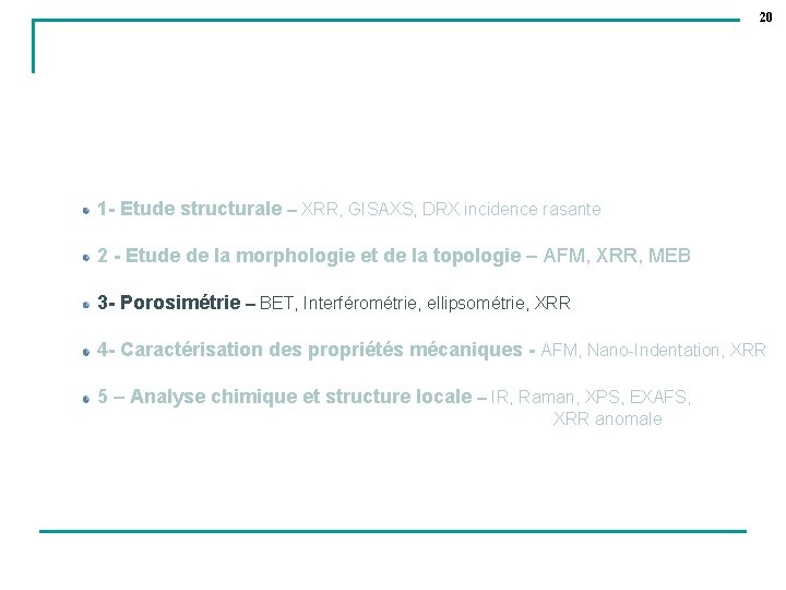 20 1 - Etude structurale – XRR, GISAXS, DRX incidence rasante 2 - Etude
