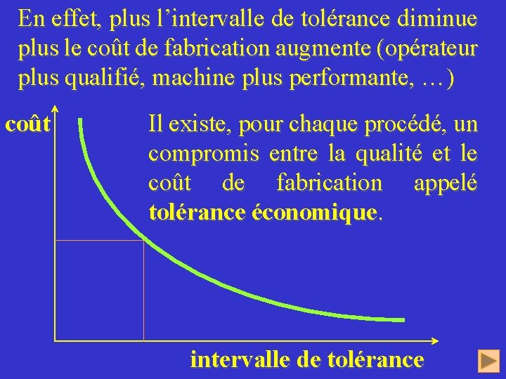 En effet, plus l’intervalle de tolérance diminue plus le coût de fabrication augmente (opérateur