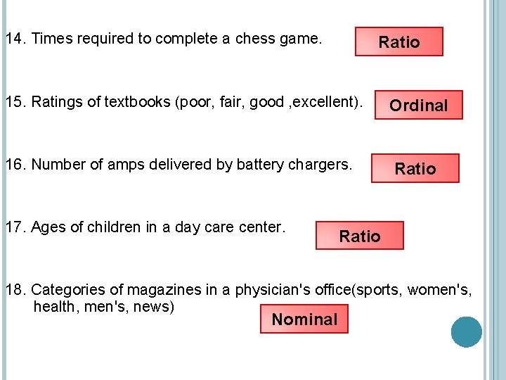 14. Times required to complete a chess game. Ratio 15. Ratings of textbooks (poor,