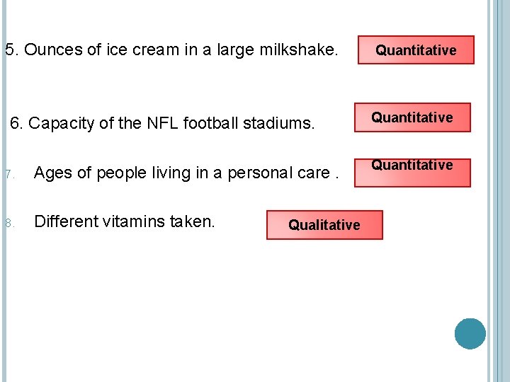 5. Ounces of ice cream in a large milkshake. 6. Capacity of the NFL