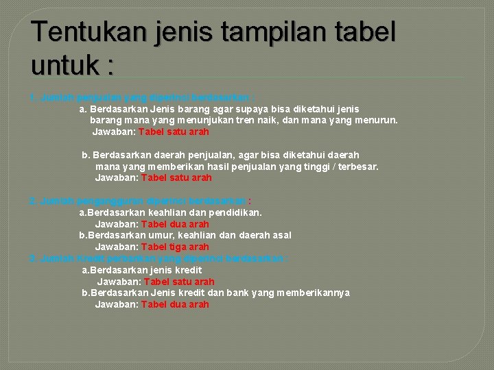 Tentukan jenis tampilan tabel untuk : 1. Jumlah penjualan yang diperinci berdasarkan : a.