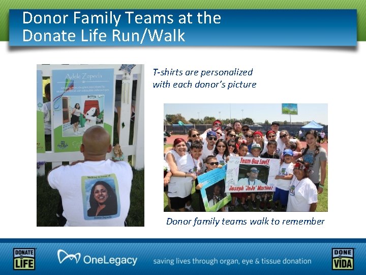 Donor Family Teams at the Donate Life Run/Walk T-shirts are personalized with each donor’s