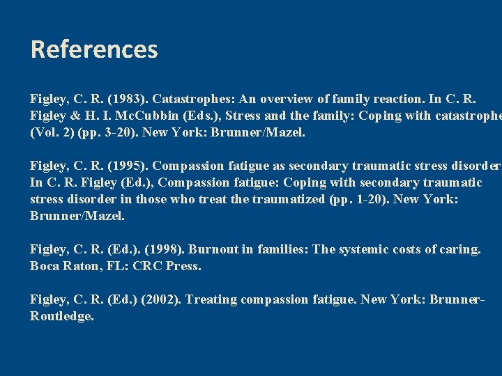 References Figley, C. R. (1983). Catastrophes: An overview of family reaction. In C. R.