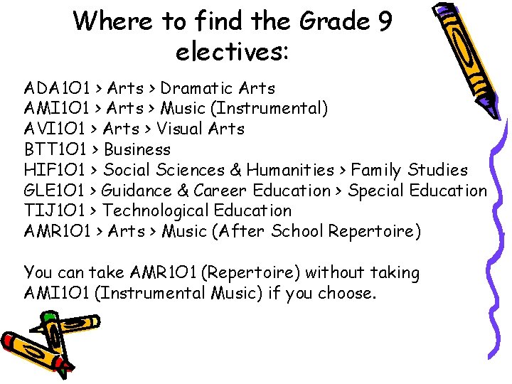 Where to find the Grade 9 electives: ADA 1 O 1 > Arts >