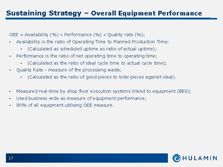 Sustaining Strategy – Overall Equipment Performance OEE = Availability (%) x Performance (%) x