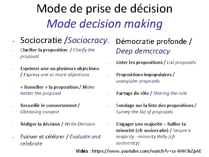 Mode de prise de décision Mode decision making • • Sociocratie /Sociocracy • Démocratie