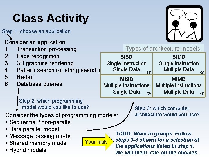 Class Activity Step 1: choose an application Consider an application: Types of architecture models