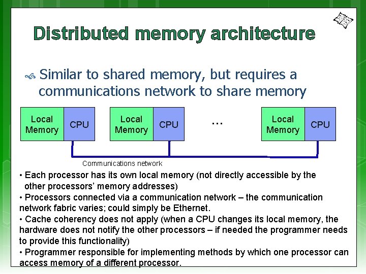 Distributed memory architecture Similar to shared memory, but requires a communications network to share