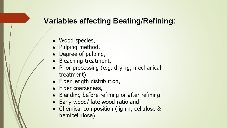 Variables affecting Beating/Refining: Wood species, Pulping method, Degree of pulping, Bleaching treatment, Prior processing