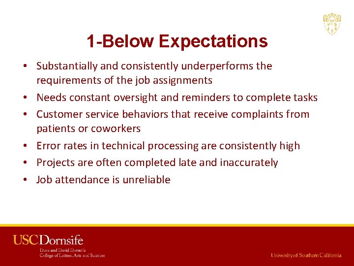 1 -Below Expectations • Substantially and consistently underperforms the requirements of the job assignments 1 -Below Expectations • Substantially and consistently underperforms the requirements of the job assignments