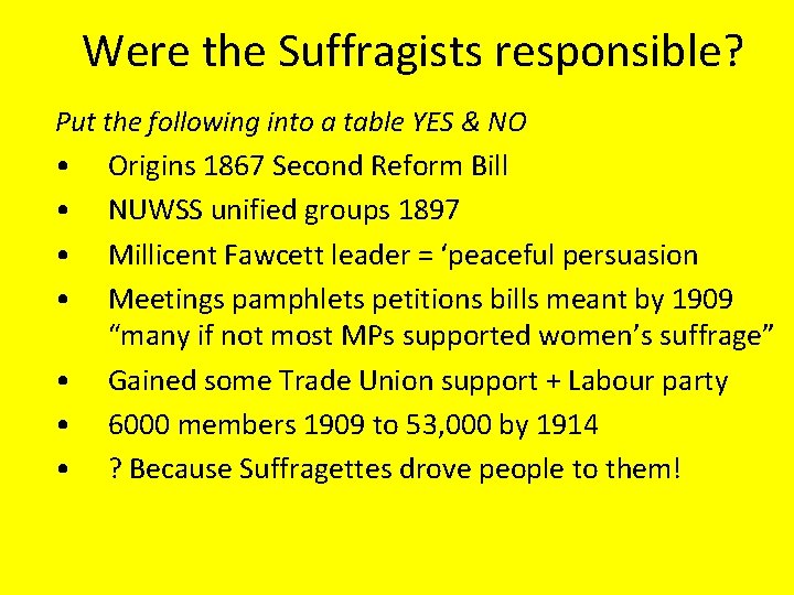 Were the Suffragists responsible? Put the following into a table YES & NO •