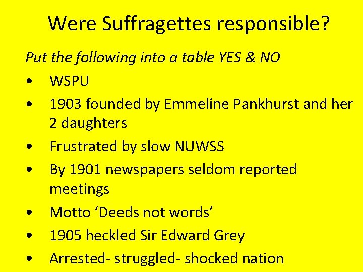 Were Suffragettes responsible? Put the following into a table YES & NO • WSPU