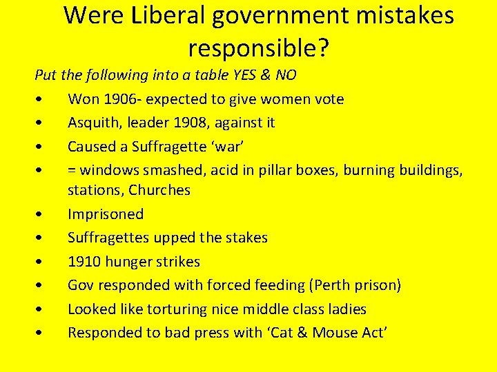 Were Liberal government mistakes responsible? Put the following into a table YES & NO