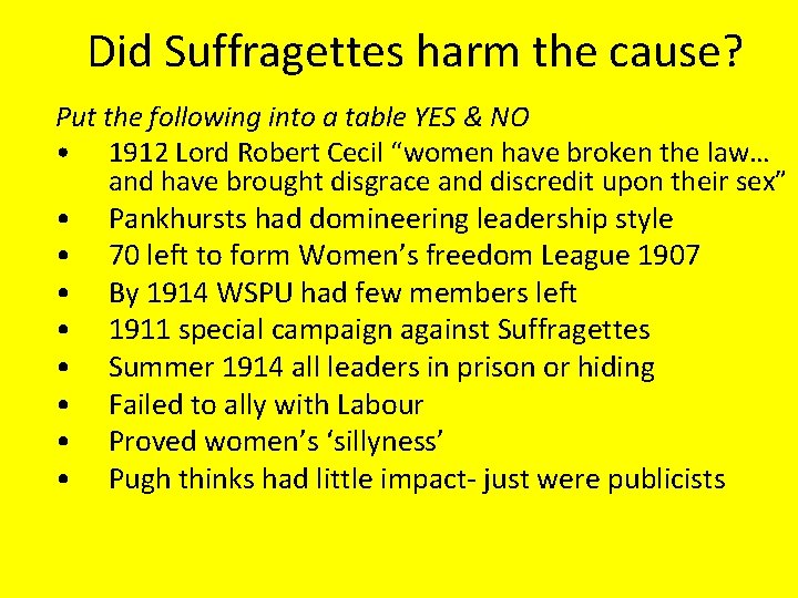 Did Suffragettes harm the cause? Put the following into a table YES & NO