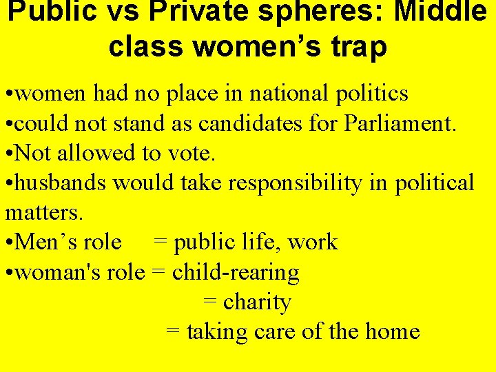 Public vs Private spheres: Middle class women’s trap • women had no place in