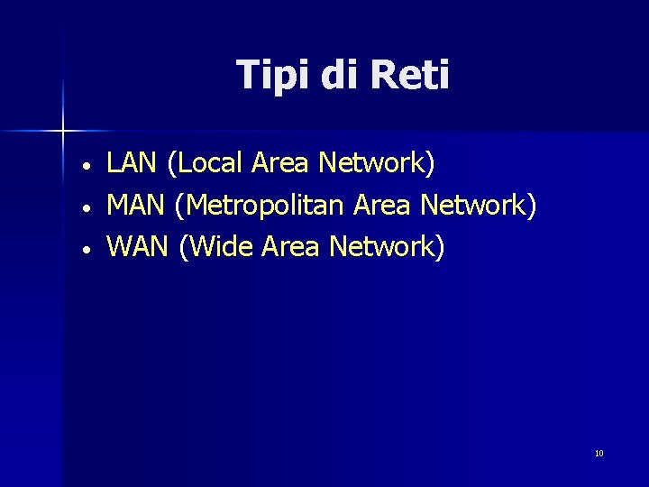 Tipi di Reti • • • LAN (Local Area Network) MAN (Metropolitan Area Network)