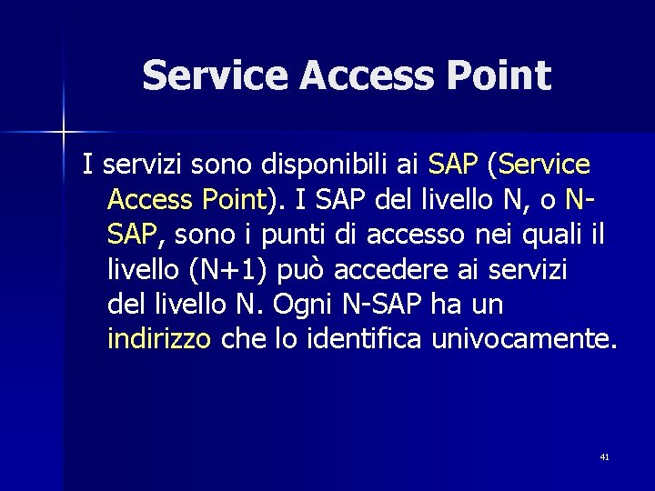 Service Access Point I servizi sono disponibili ai SAP (Service Access Point). I SAP