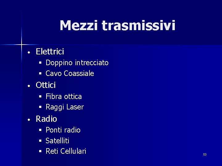 Mezzi trasmissivi • Elettrici § Doppino intrecciato § Cavo Coassiale • Ottici § Fibra