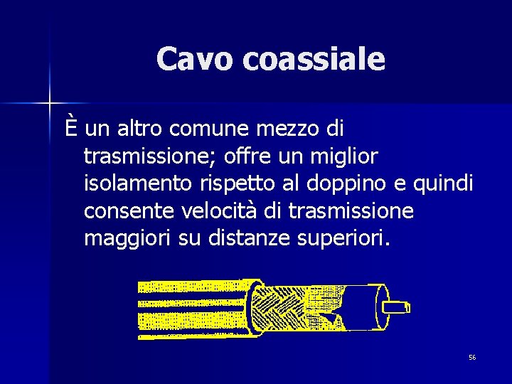Cavo coassiale È un altro comune mezzo di trasmissione; offre un miglior isolamento rispetto